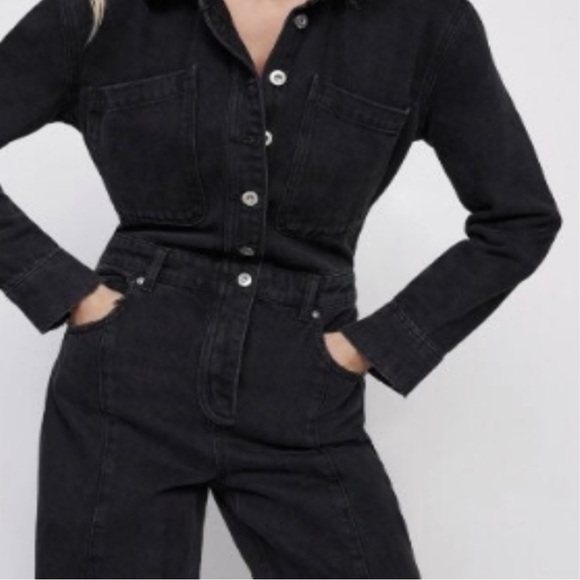 New! Zara Medium Women’s The Dorian Black Denim Jumpsuit - Picture 3 of 16